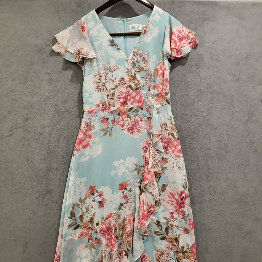 Eliza J Maxi Dress Womens 6 Floral V Neck Ruffle Girly Flutter Sleeve Green Pink